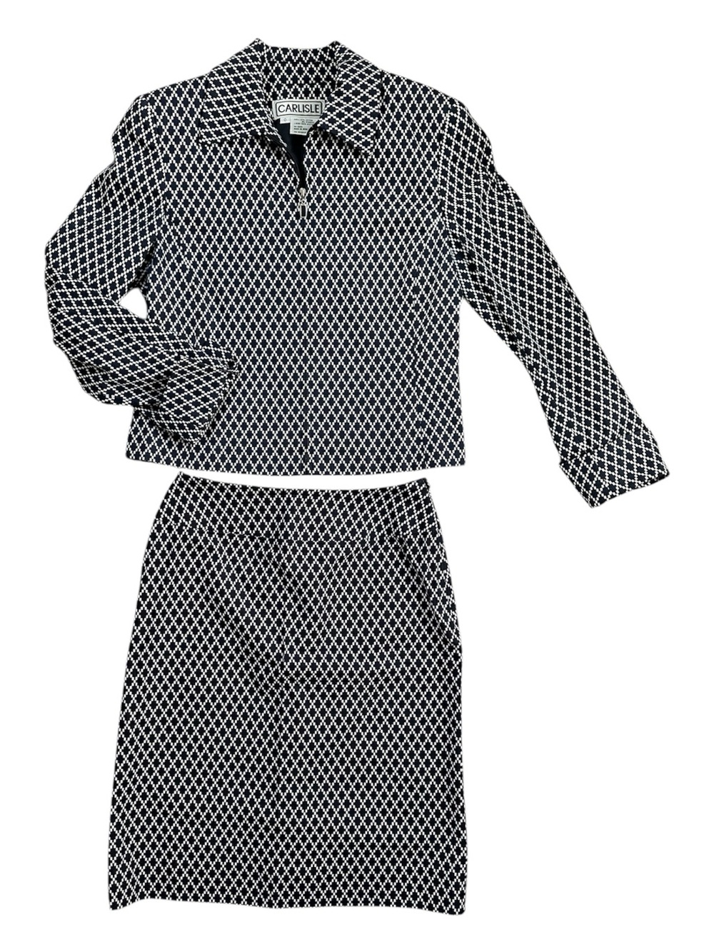 Vintage CARLISLE NavyWhite Geometric Suit Set 90s Mod Zip Jacket sz 0 Skirt sz 2